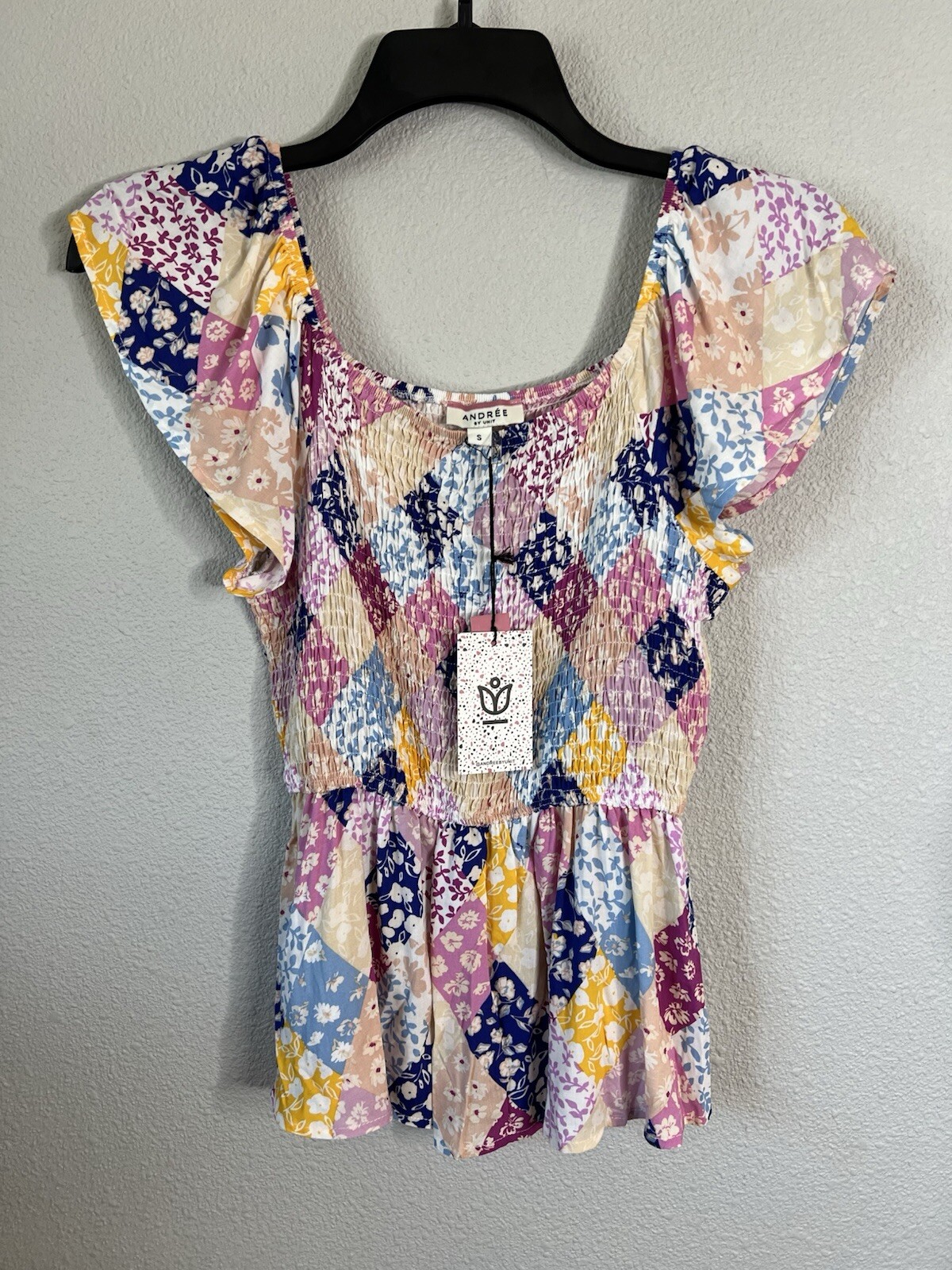 Boutique Andree By Unit Multicolor Patchwork Peplum Top Small NWT