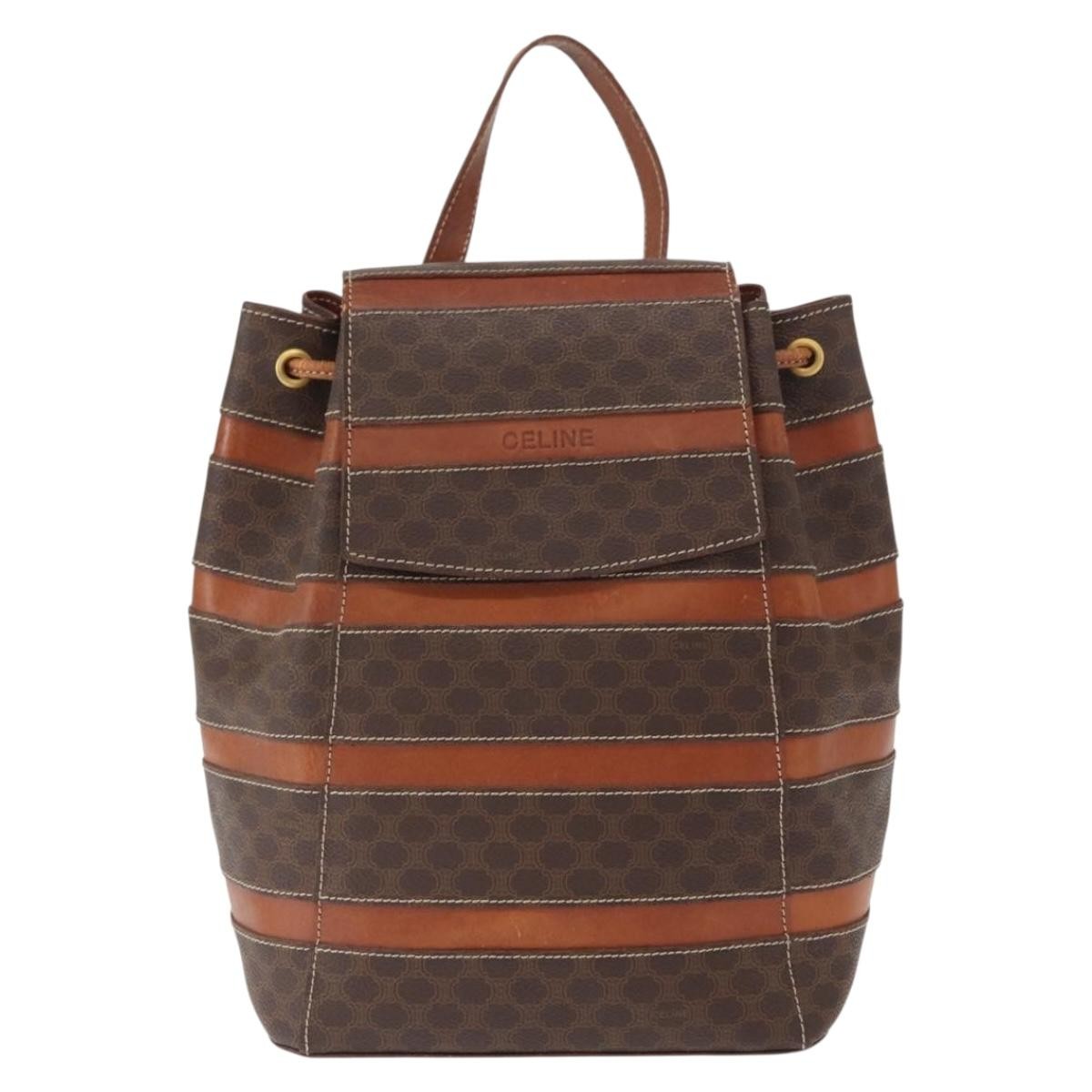 CELINE Macadam Canvas Backpack PVC Leather Brown Gold Auth bs32182