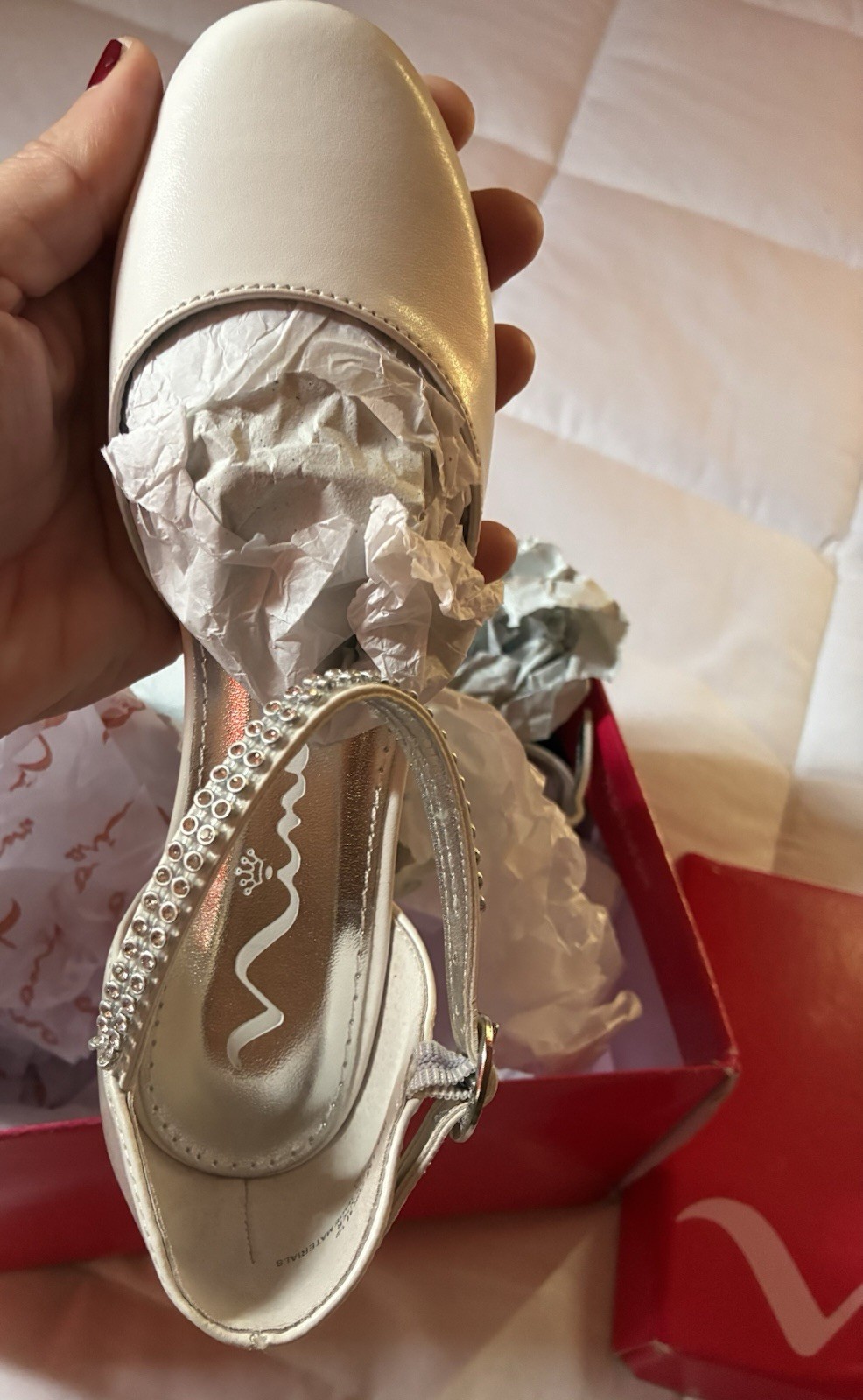Nina White Leather Little Big Girl Shoes Rhinestone Mary Jane Heel Non Marking 1