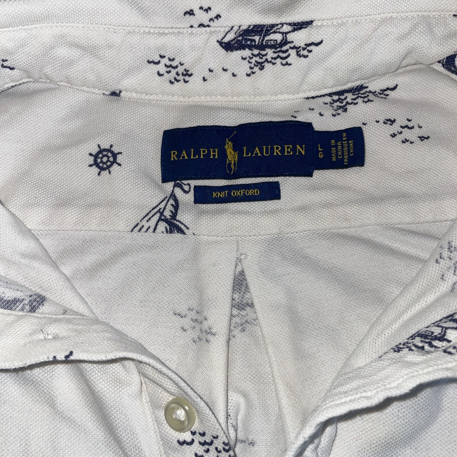 Ralph Lauren Polo Shirt Mens Large White Knit Oxford Sailboats Graphic Side Slit