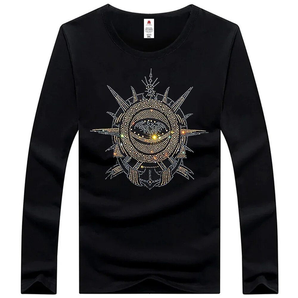 Fashion Trend Stone Rhinestones Streetwear Long Sleeve Luxury Men V-Neck T-Shirt
