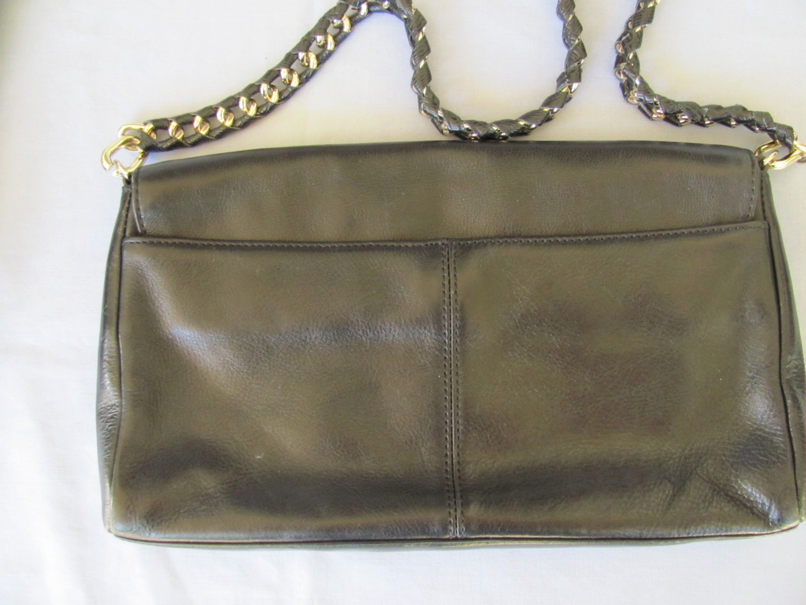 Antonio Melani Black/Dark Brown Leather Handbag With Gold Chain Link Straps