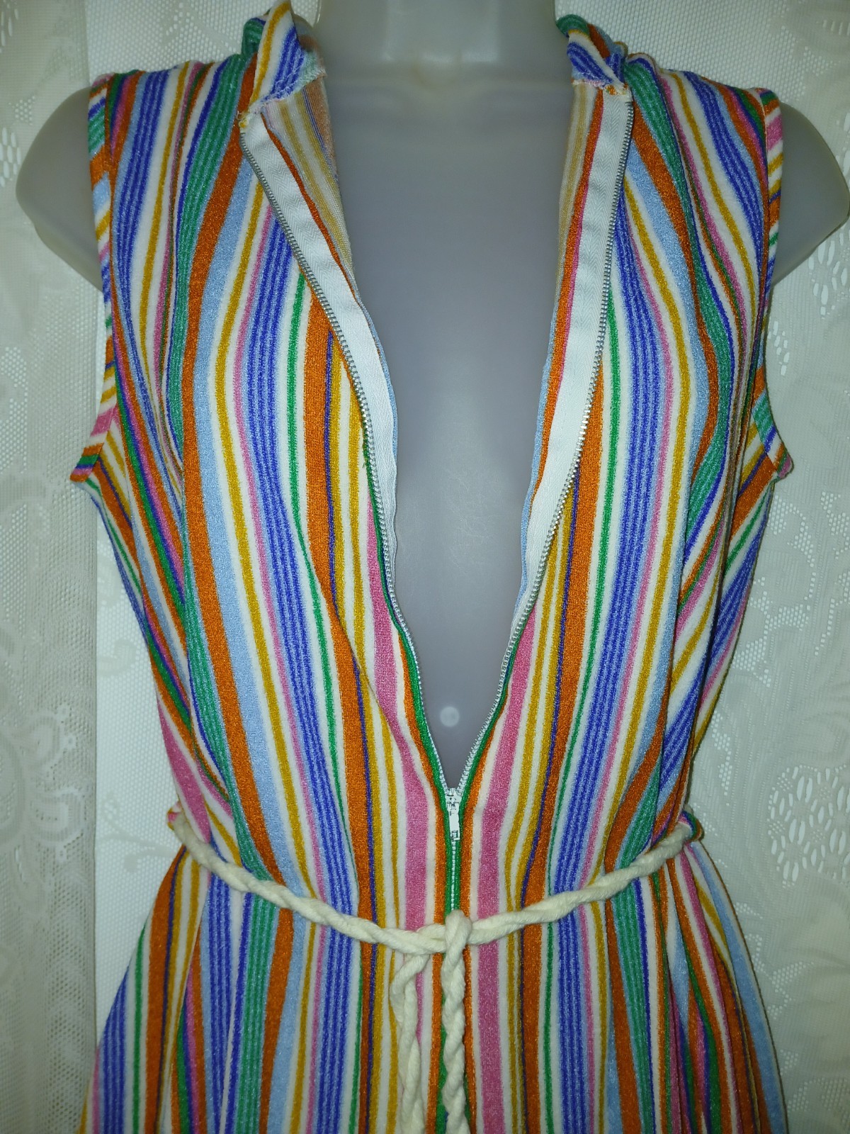 Vintage 70s Terry Cloth Rainbow Stripes Hooded Swim Cover-up Robe Tex M EUC