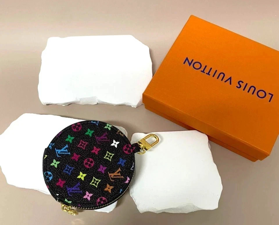 Louis Vuitton round coin purse monogram canvas Black Multi Colour floral (USA)