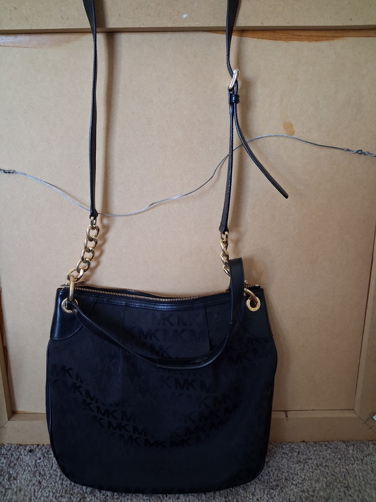 Michael Kors Black MK Logo Shoulder Bag Zip Adjustable Strap Gold Hardware