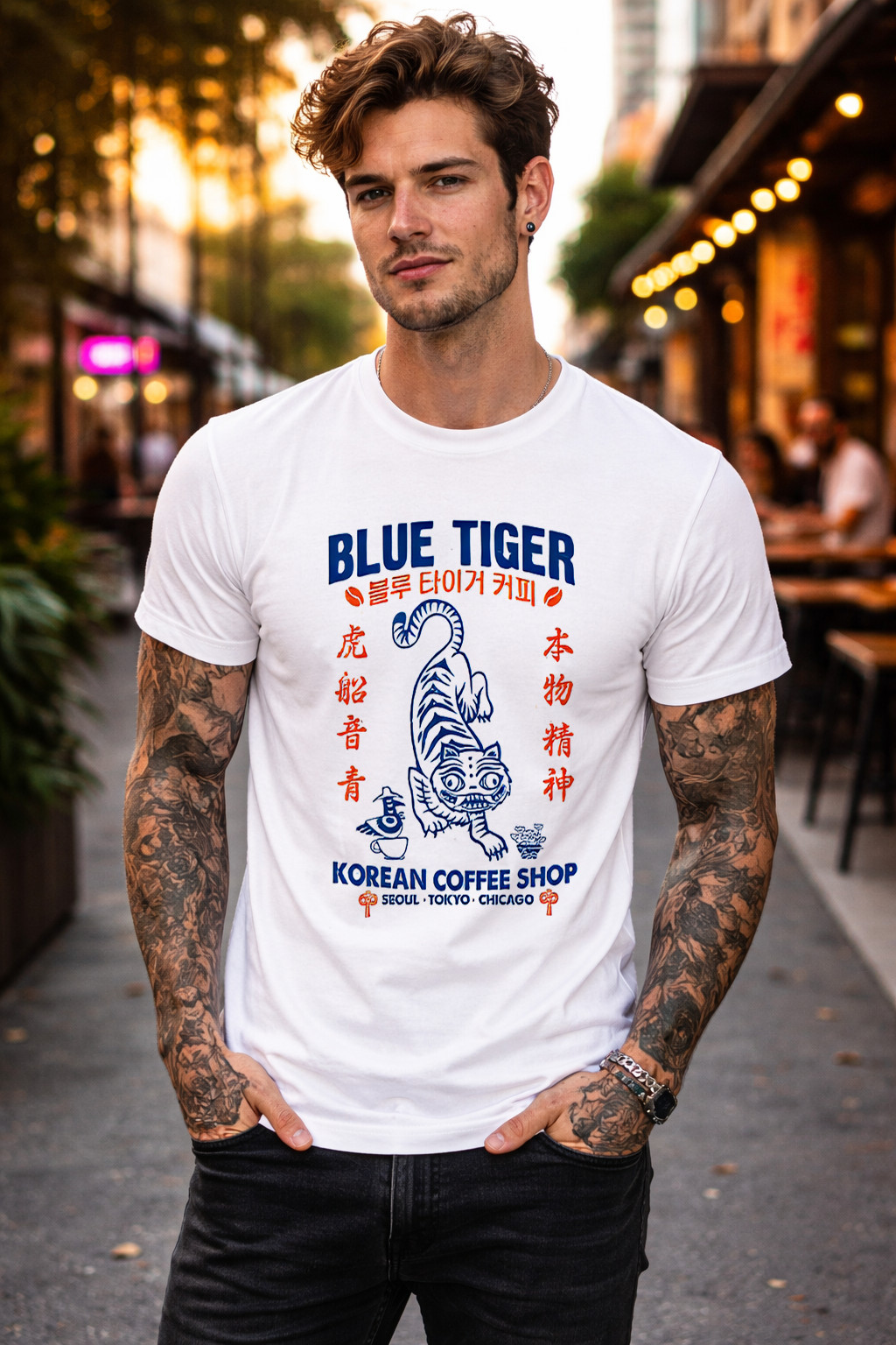 Blue Tiger Korean Coffee Shop Graphic T-Shirt Retro Tokyo Seoul Streetwear Tee