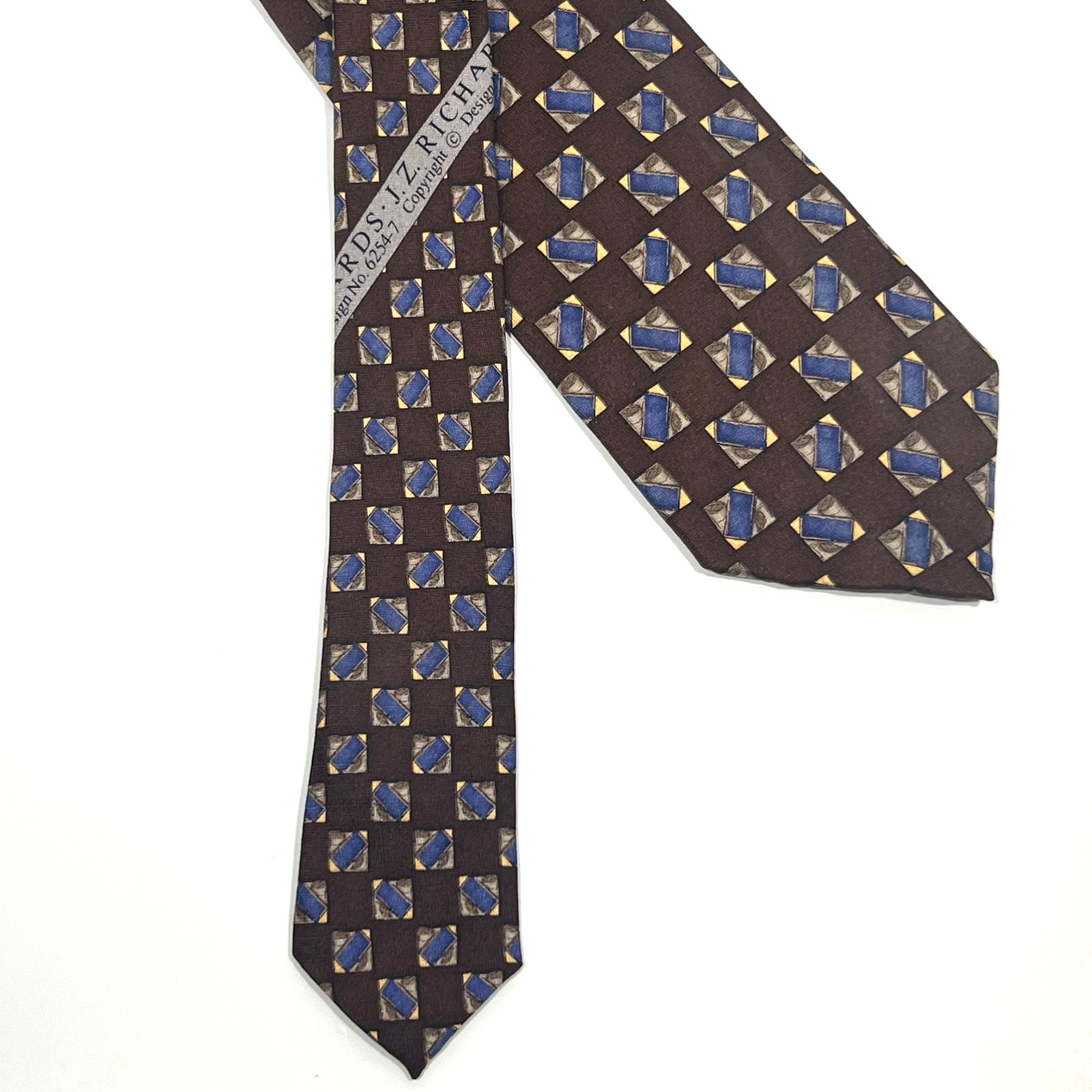 J.Z. Richards 100% Silk Mens Necktie Geometric Brown Blue Tan in Squares