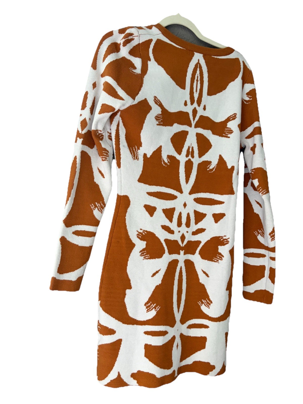 Fashion Nova Klarissa Rust White Floral Ribbed Knit V-Neck Sweater Dress M