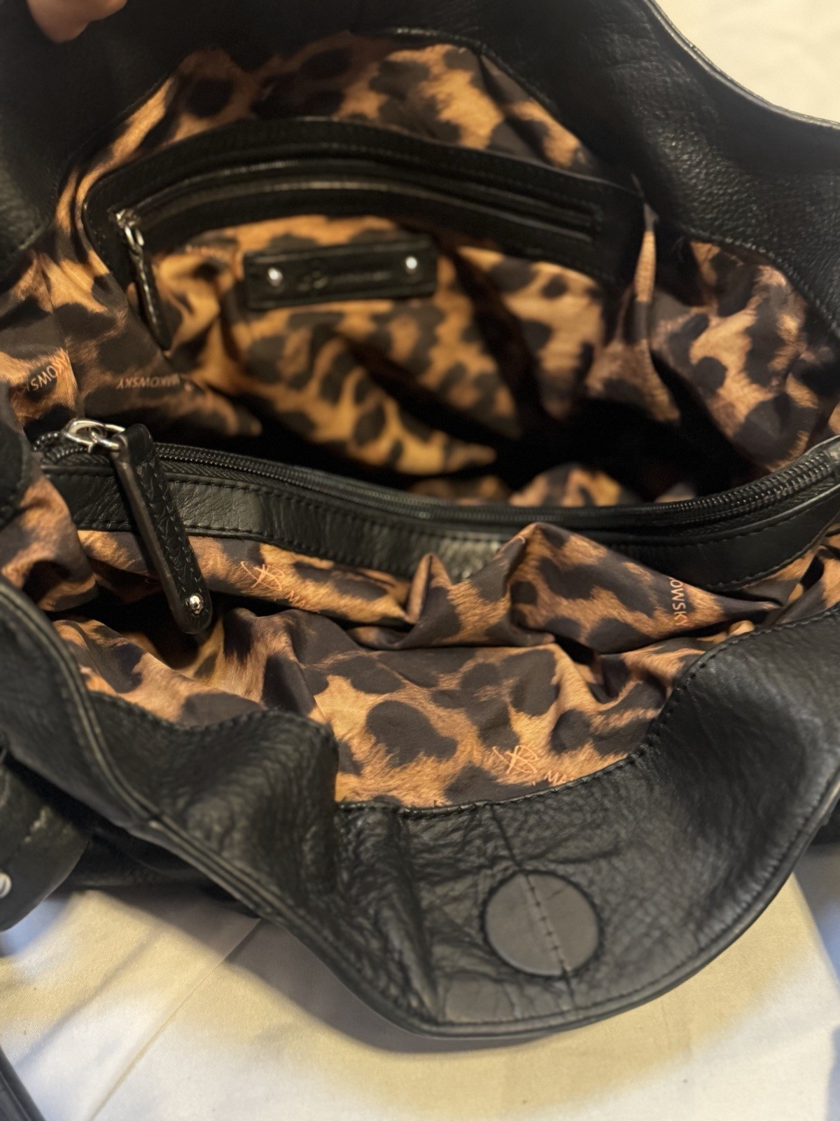 B Makowsky Black Soft Leather Hobo Shoulder Bag Purse Leopard Interior