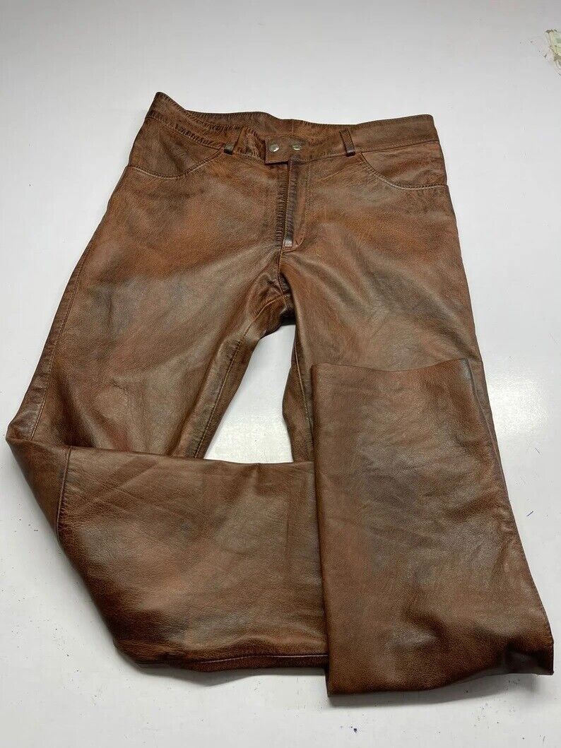 Men’s Leather Pants Trouser Jeans Real Brown Thick Cowhide Lederhosen Lederjeans