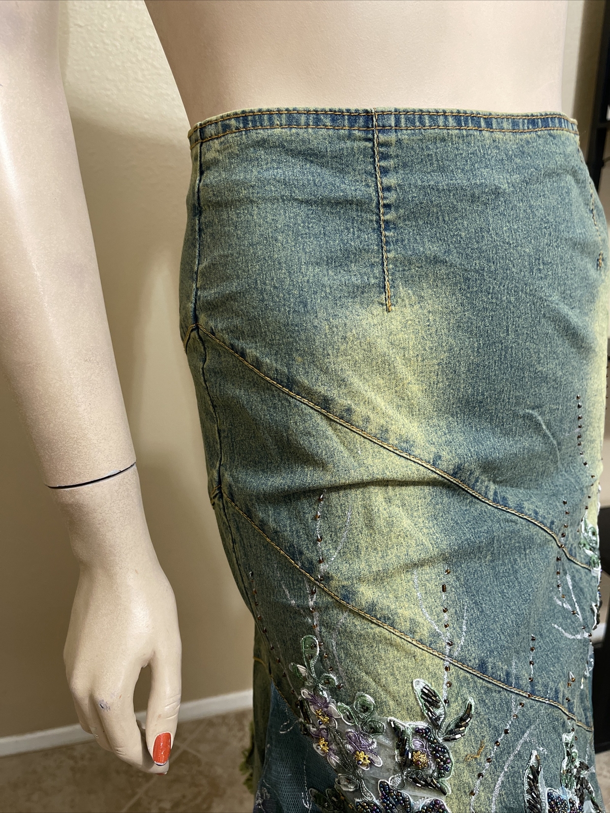 Women’s Aquamarine Denim Cotton Boho Beads Lace Stretch Size L(8-10) Skirt 3256