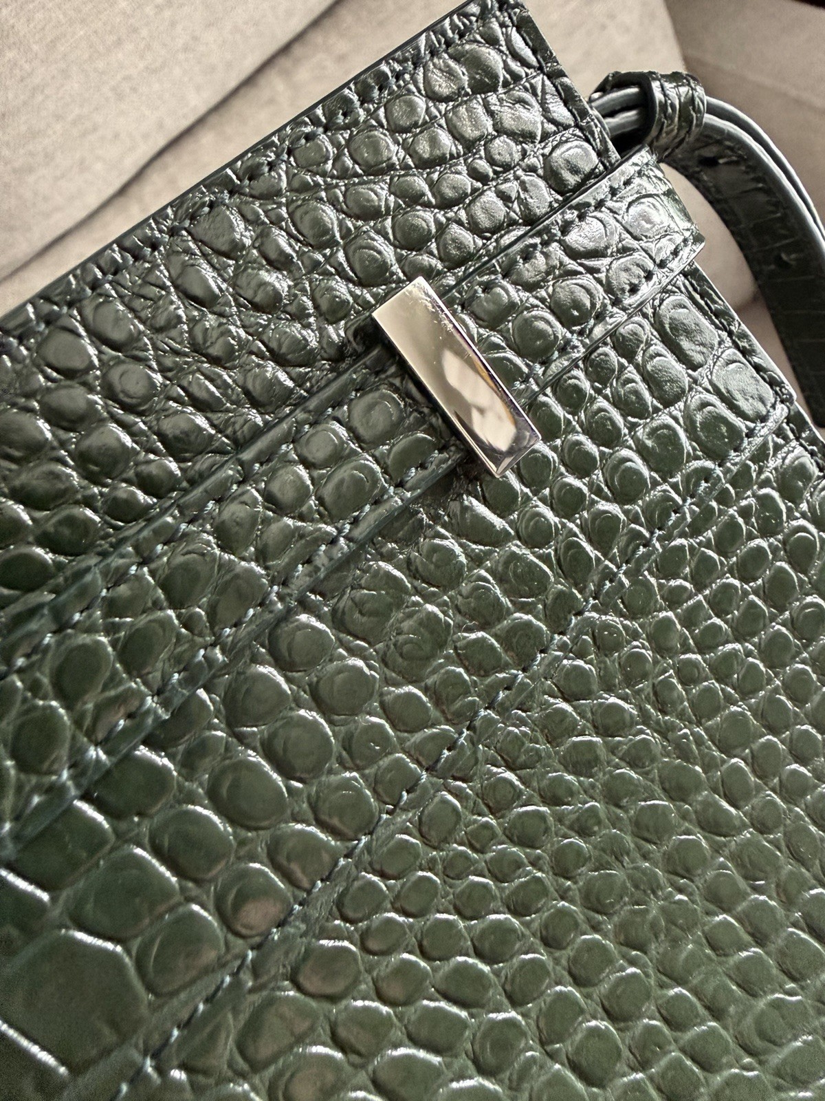 SAINT LAURENT Small Manhattan Green Silver Embossed Leather Bag Shoulder Strap