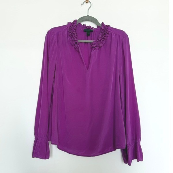 J.Crew Purple Silk Ruffle Neck Blouse 12 | Feminine 100% Silk Top $148