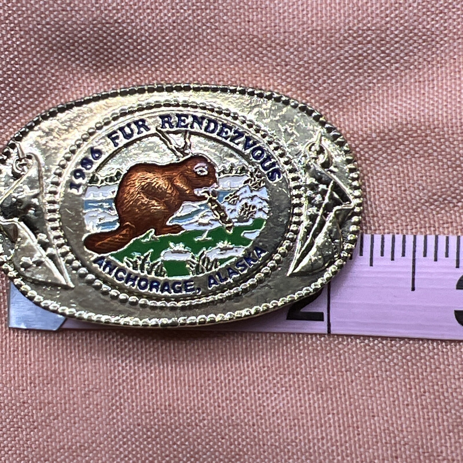 Vintage 1986 Fur Rendezvous Anchorage Alaska Beaver Belt Buckle 2 1/4” Wide