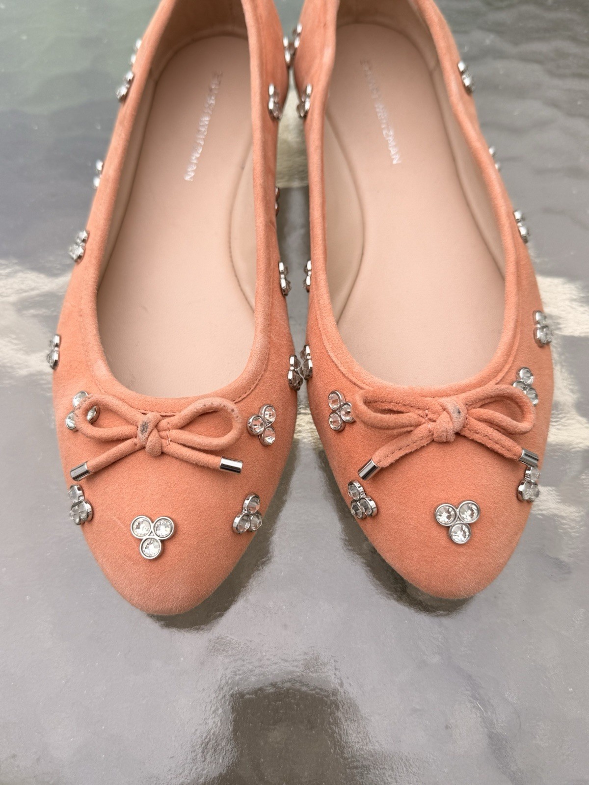 Stuart Weitzman Womens Ballet Flats US 6 Pink Suede Round Toe Bow Rhinestone