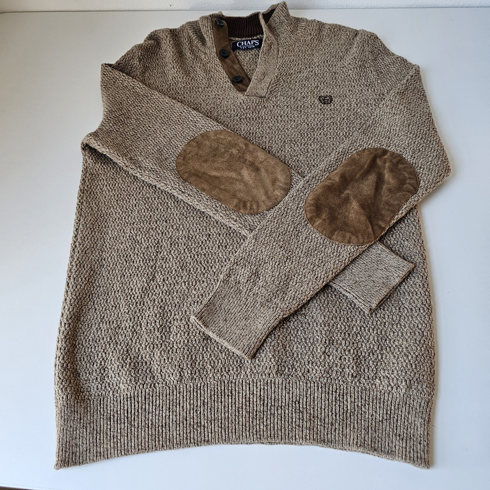 Chaps Mens Cardigan Sweater Cotton 3 Buttons Henley Elbow Pads Size Small Tan