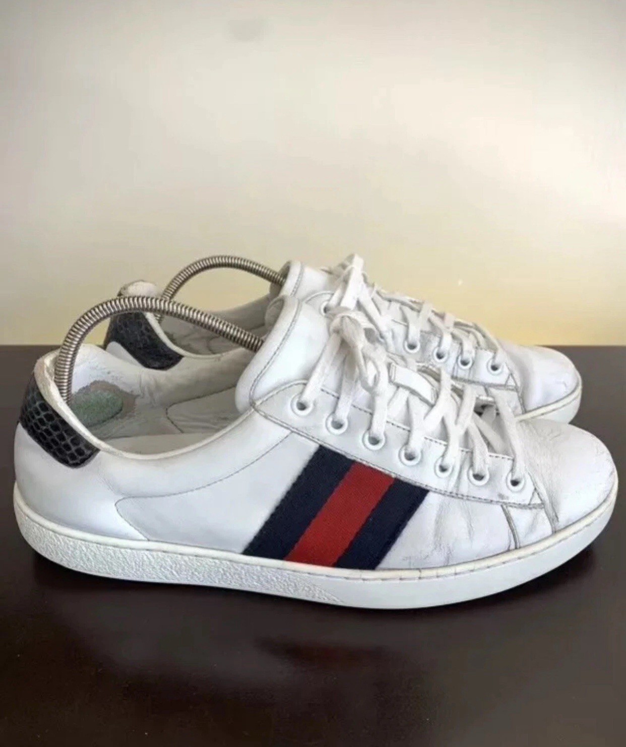 Gucci 386750 Mens White Leather Web Red Green Sneakers Sz US 8.5 || UK 8