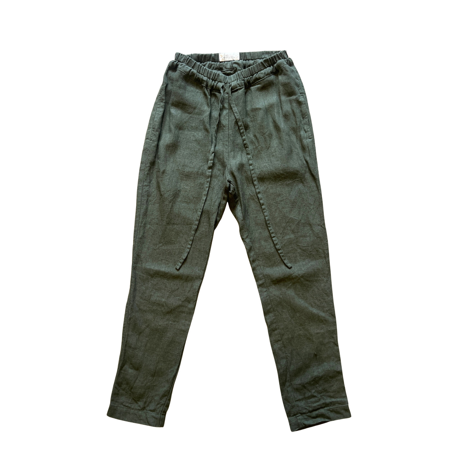 Not Perfect Linen Drawstring Pants XS Juniper Green Tapered Minimalist Earthy