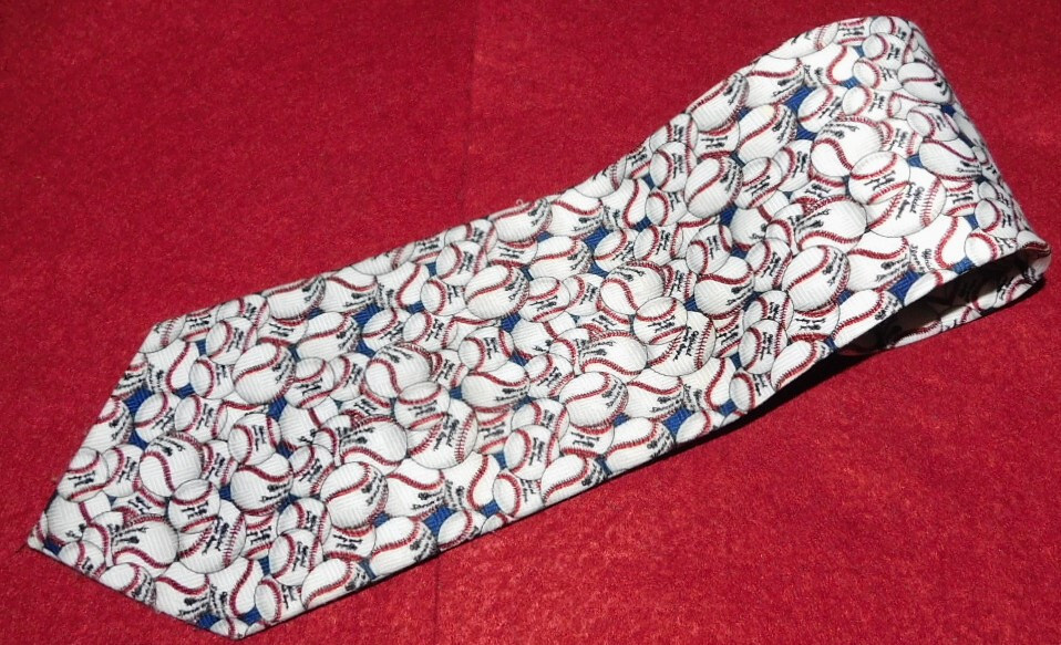 BRIEFLY STATED WHITE/RED/BLUE BASEBALL THEME POLYESTER TIE – DESIGNER TIES.