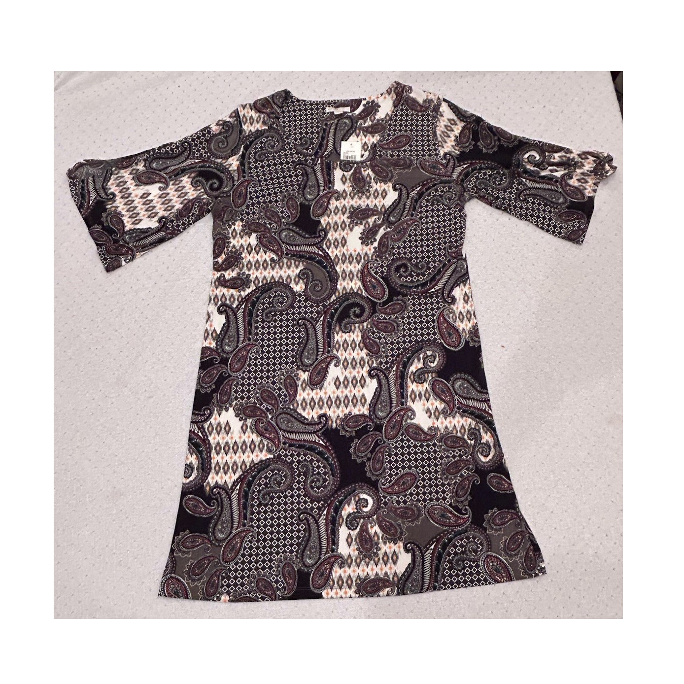 EST. 1946 Black Pink Paisley A-Line Knee Dress Round Neck 3/4 Sleeve Pullover M