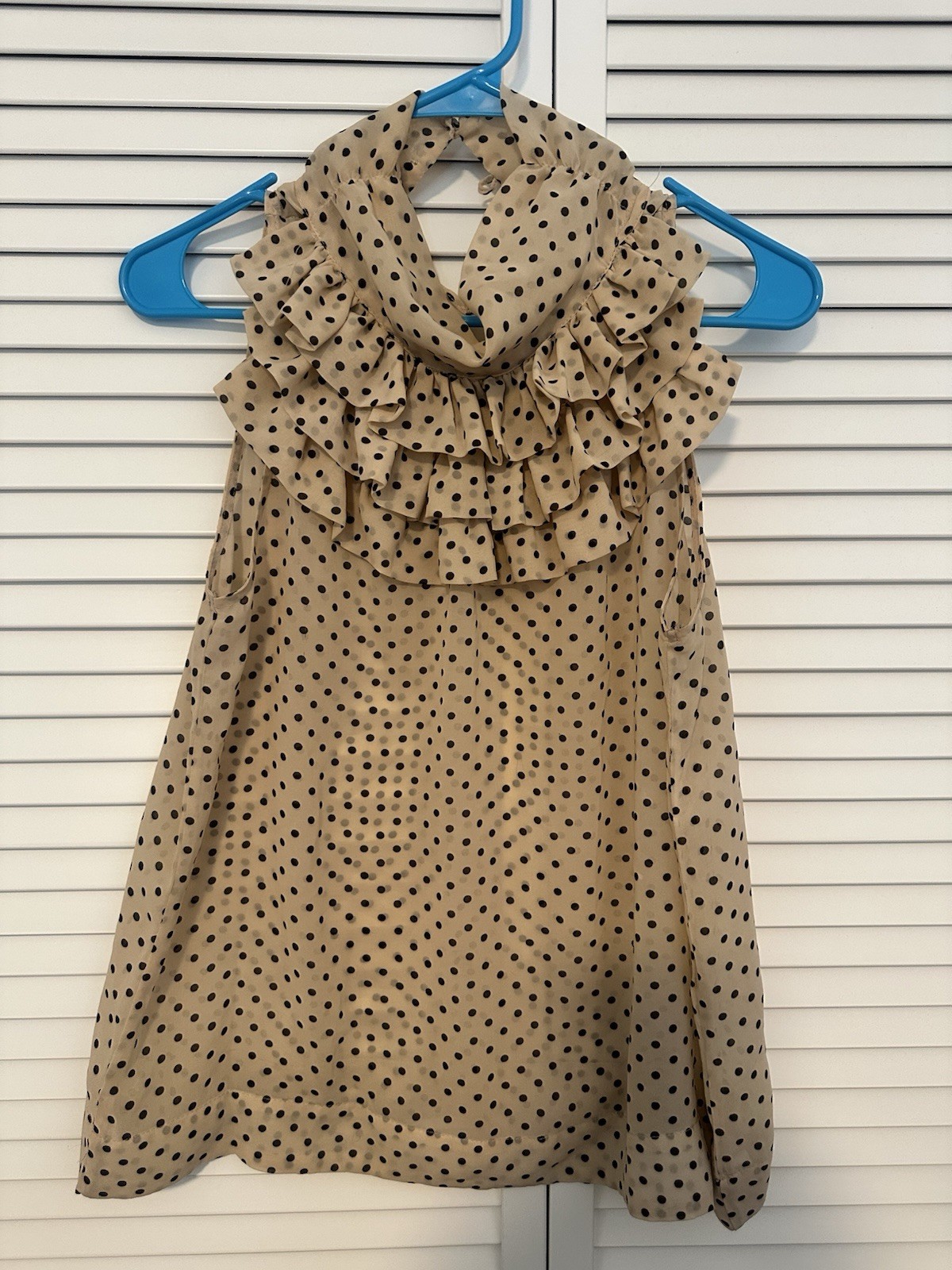 Women’s Beige/Black Polka Dot Ruffle High Neck Sleeveless Blouse Top Size S
