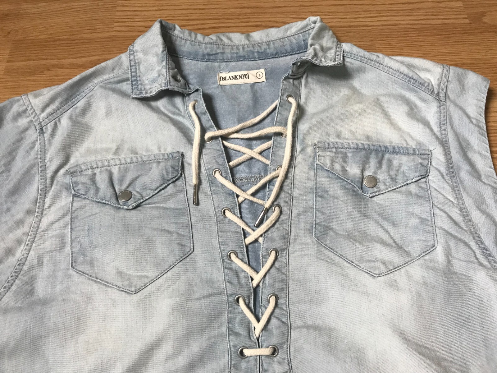 Blanknyc Chambray Shirt Womens S Lace Up Collared Flap Pockets Distressed