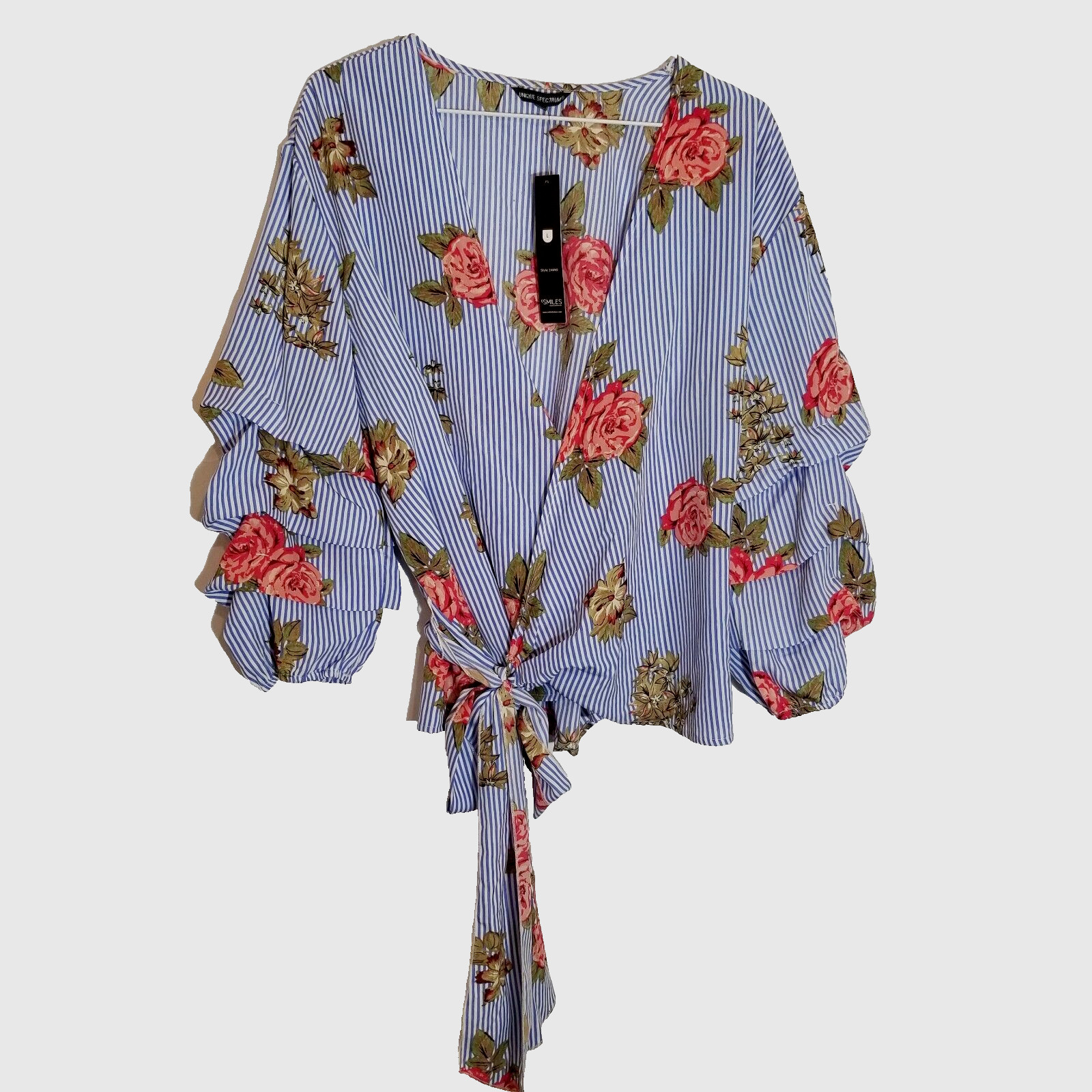 Unique Spectrum Wrap Blouse Women’s Large Blue Stripe Floral Layered Sleeves New