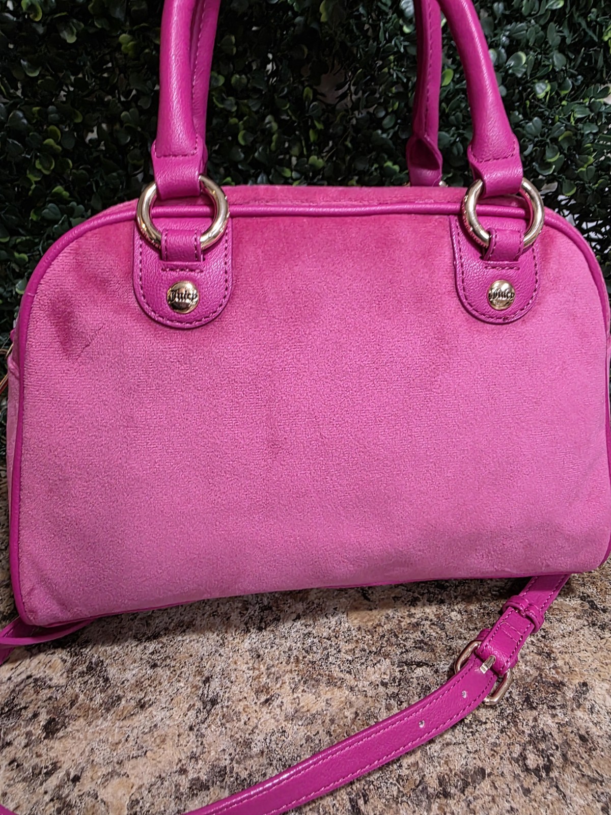 Juicy Couture Pink Logo Satchel Top Handle Zip Rhinestone Charm Gold Hardware