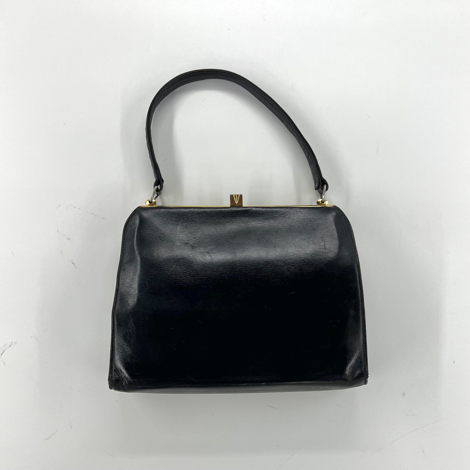 Vintage Leather Kelly Hand Bag 50s 60s Navy Black Gold Mods Gold Clasp Satchel