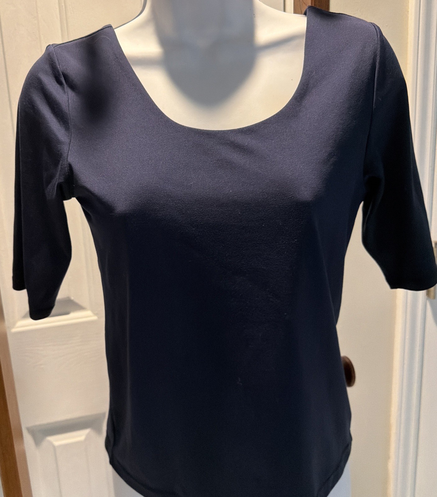 Sweaty Betty Medium Top Blue CrissCross Back U Neckline Short Sleeve Cotton NWOT