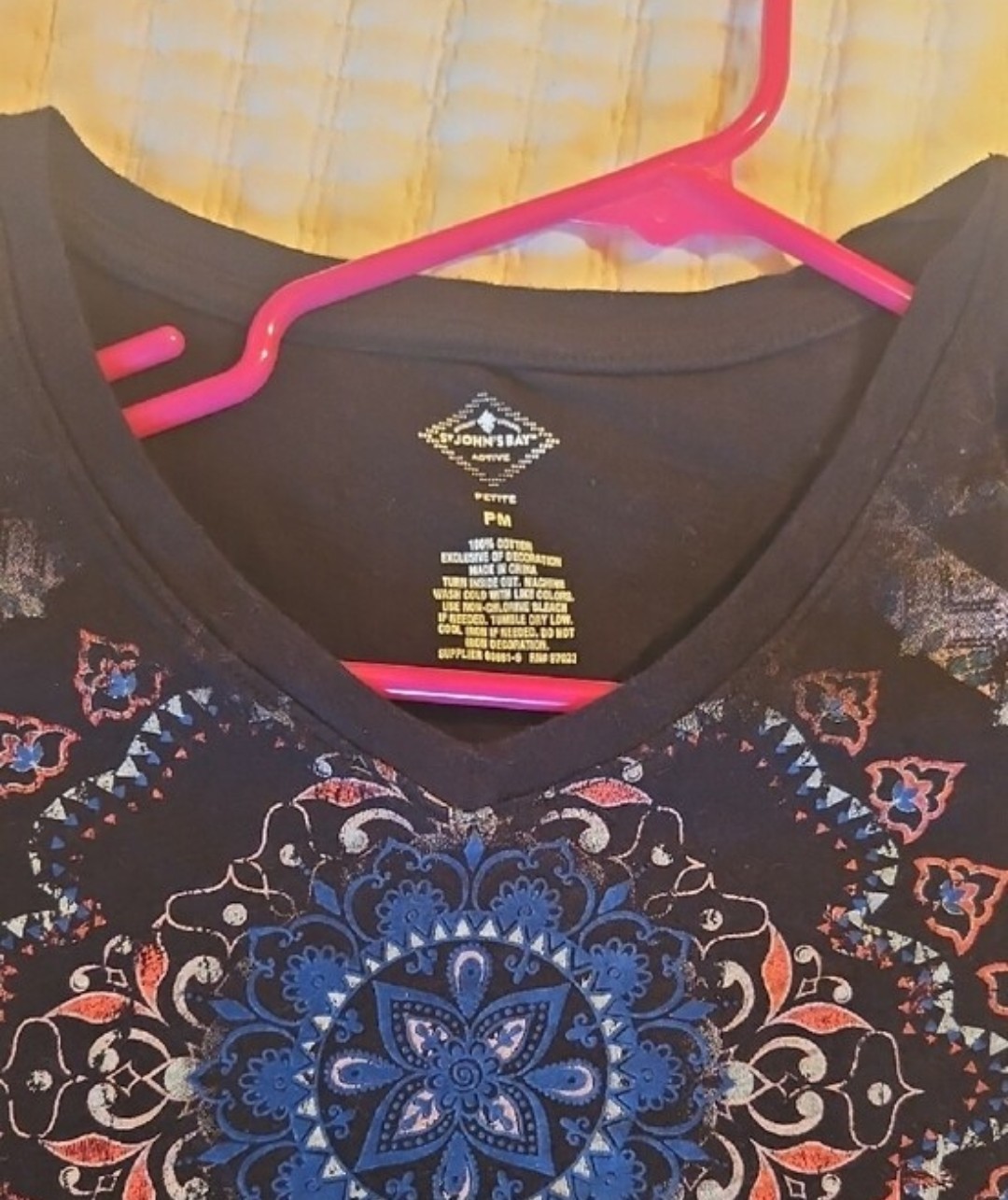 St. John’s Bay Black Short Sleeve Top with Multicolor Mandala Print