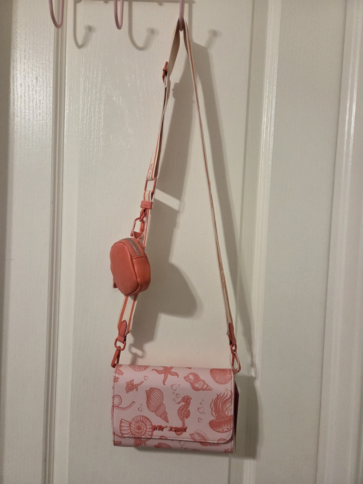 Betsey Johnson XO Flynn Wallet Crossbody With Pouch. Coral Color With Sea Print.