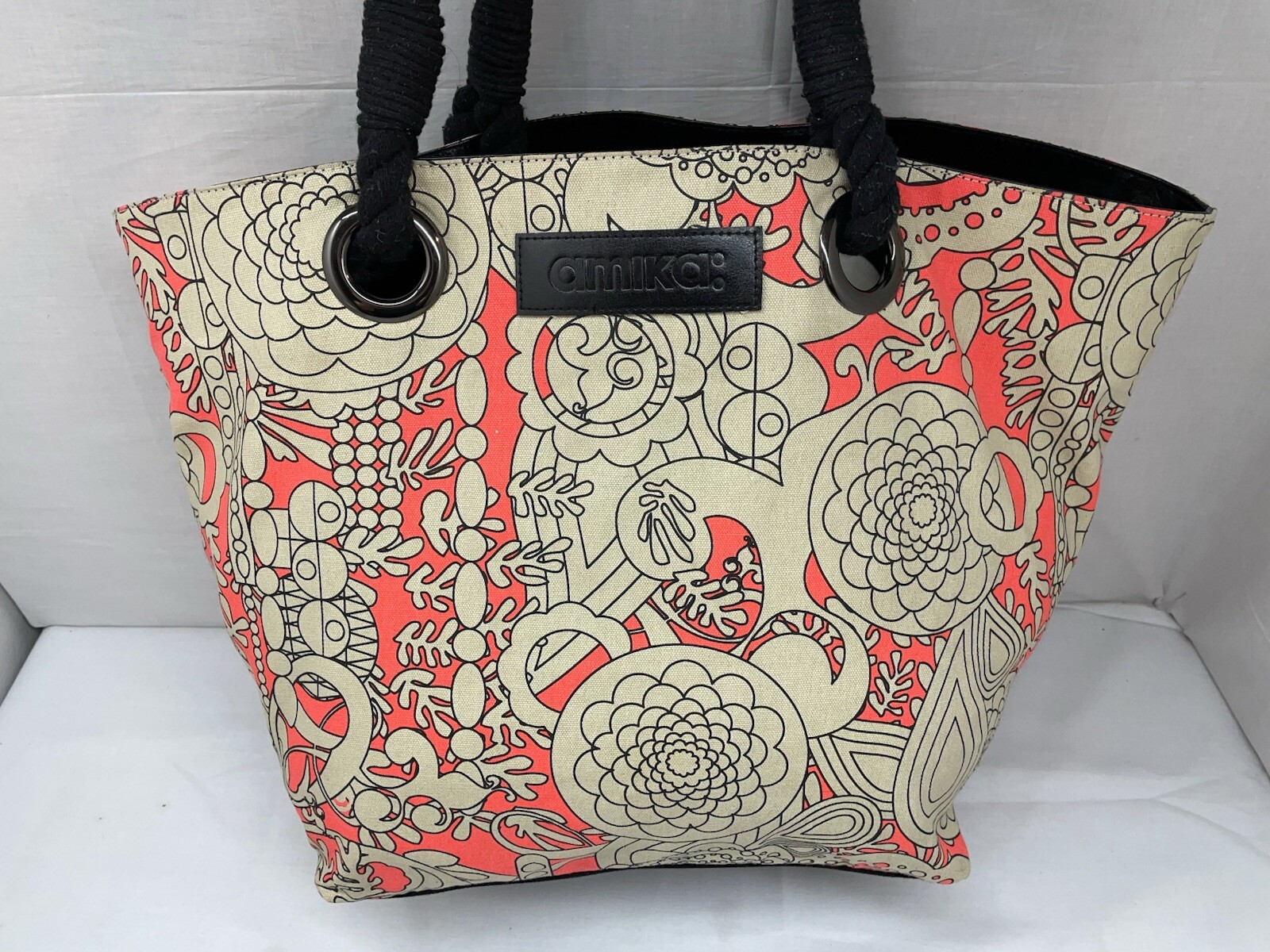 Amika Signature Canvas rope Tote bag tan black orange purse