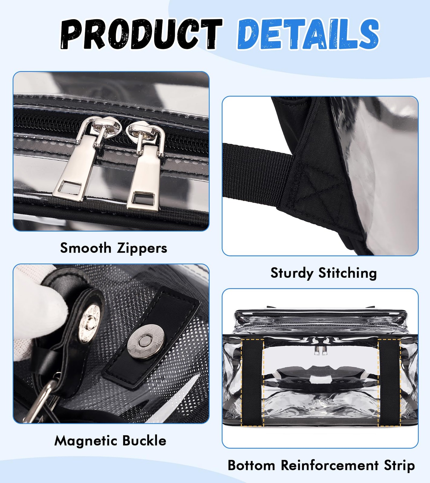 Black Large Clear Backpack Heavy Duty 11.8 x 5.9 x 17.1 Inch
