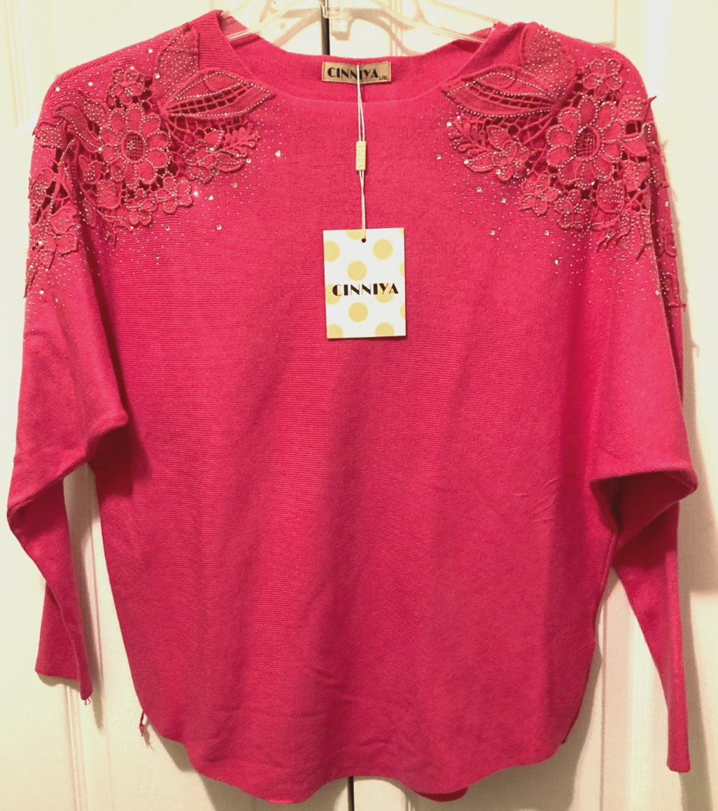 NEW TAG CINNIYA Womans Hot Pink Vicose Nylon Poly Sweater Silver Studs Sz L XL