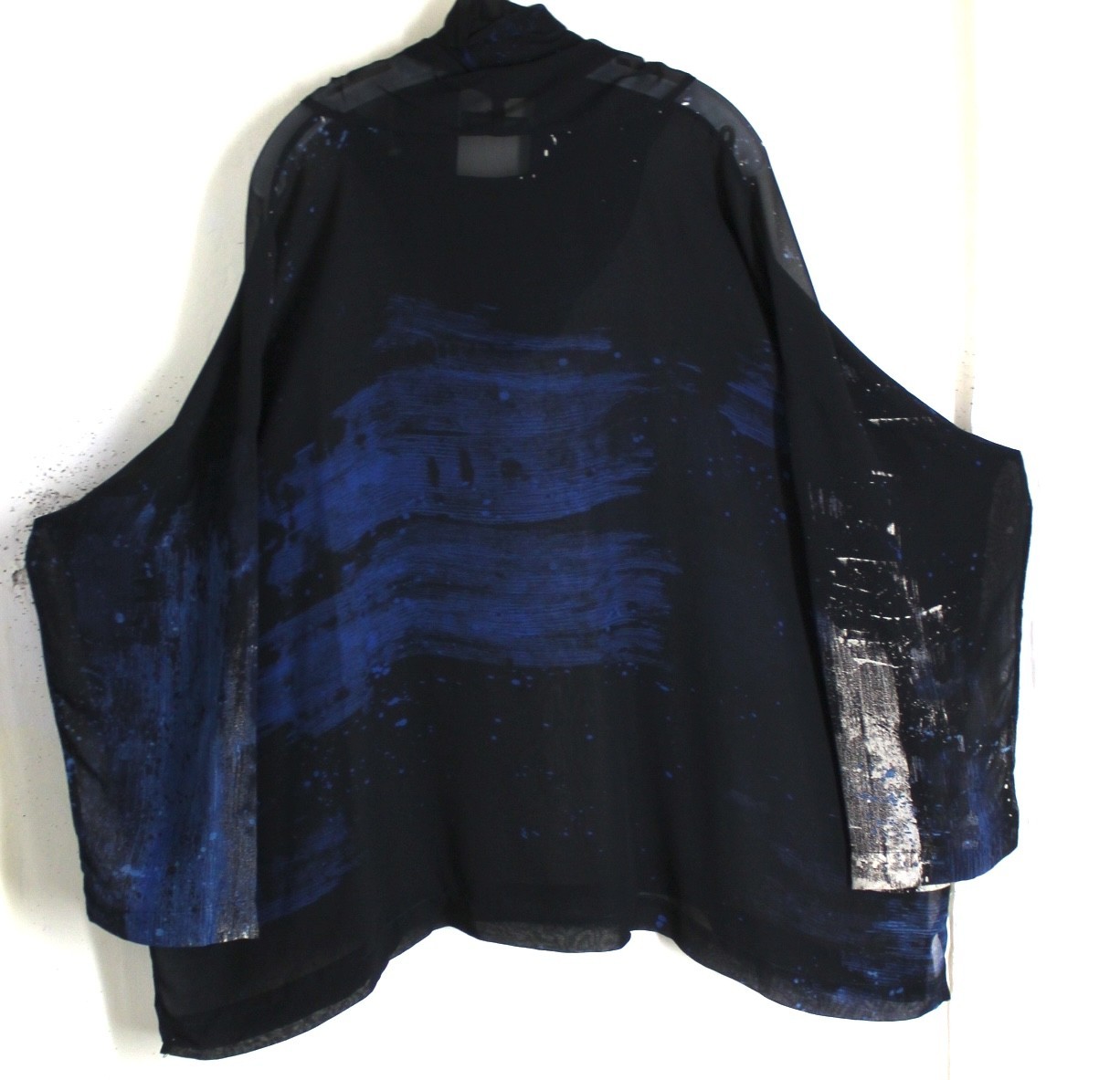 New Eskandar Sz 0 Silk Chiffon Flowing Black Blue Beige 27″Long Monk Cowl Top