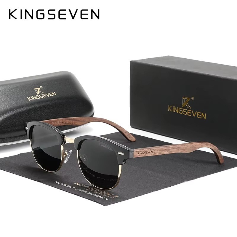 KINGSEVEN Polarized Walnut Wood Sunglasses UV400 Round Frame Men Women