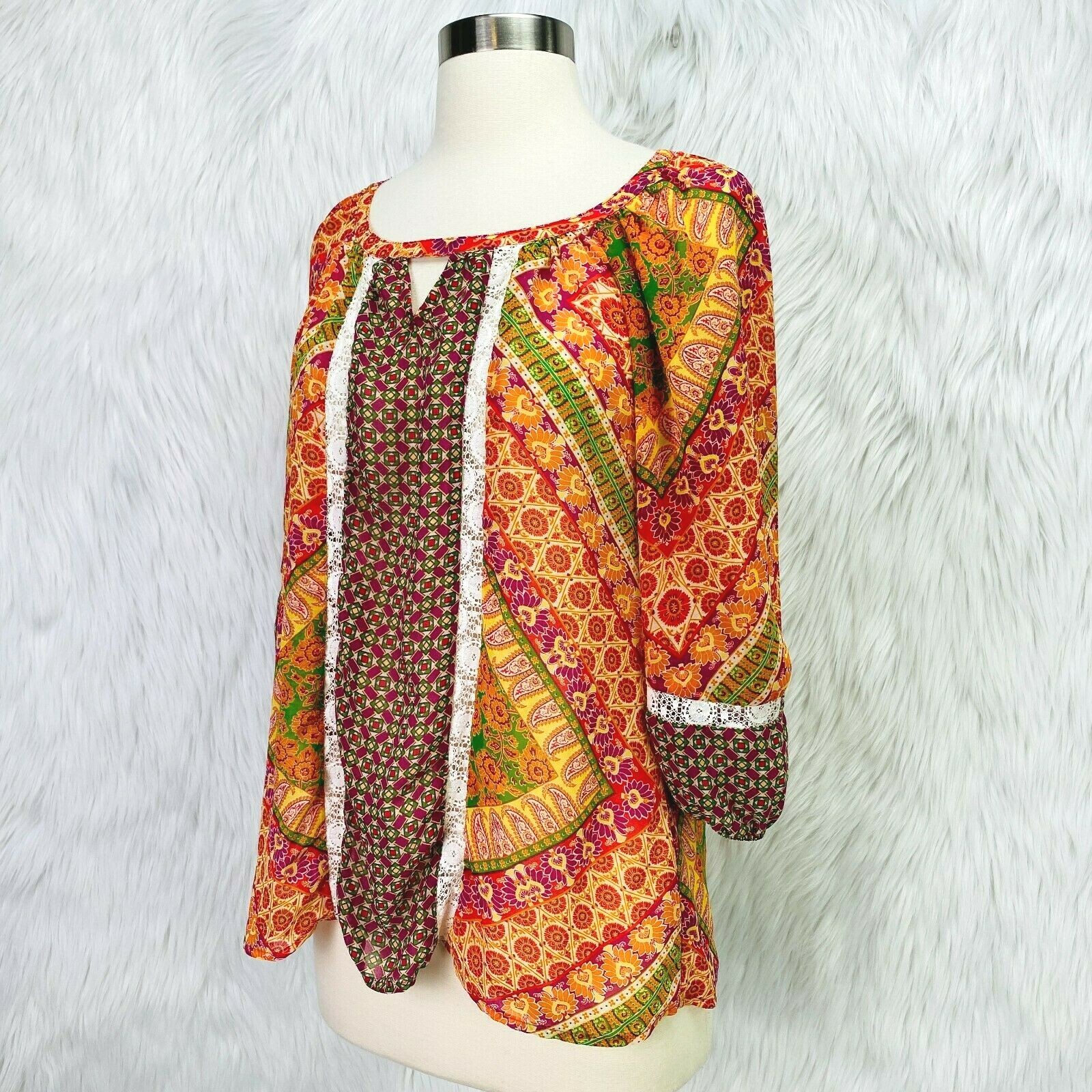 Fig & Flower Peasant Top Womens S Colorful Mixed Print Boho Semi Sheer