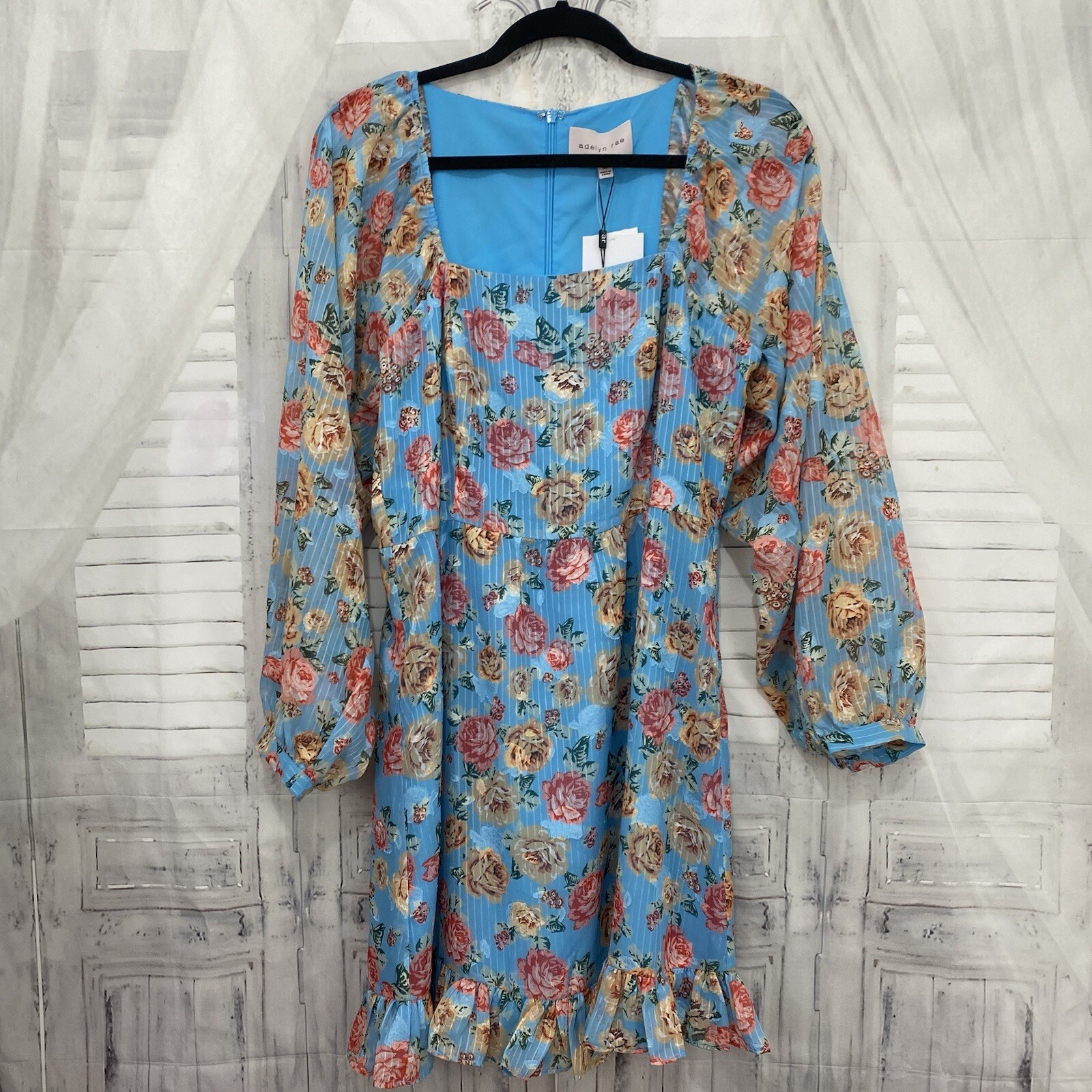 Adelyn Rae Medium Blue Floral Vero Poet Sleeve Ruffle Hem A-Line Square Neck B29