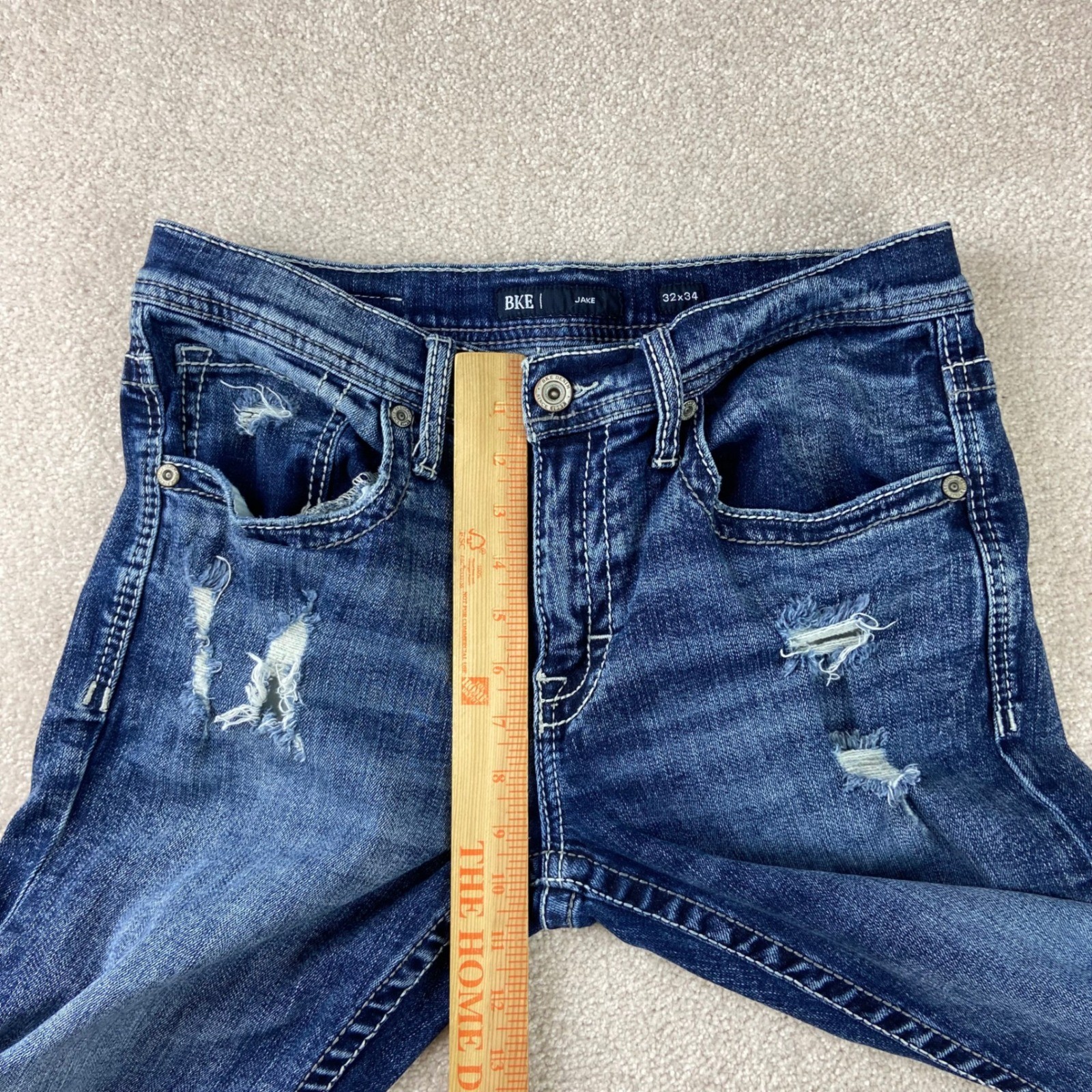 BKE Jake Jeans Mens 32×34 Blue Distressed Bootcut Dark Wash Stretch Denim