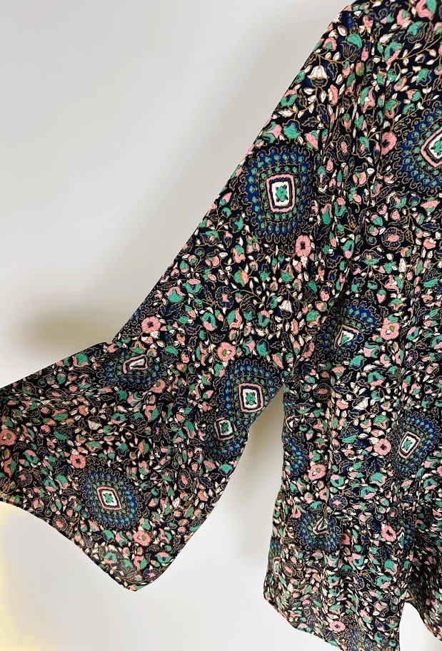 J. Crew Peplum Blouse Top Size L Medallion Floral Boho Bell Sleeve Keyhole