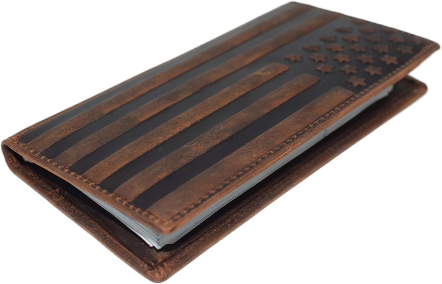 Leather Checkbook Cover Wallet Holder RFID Blocking USA Flag Brown