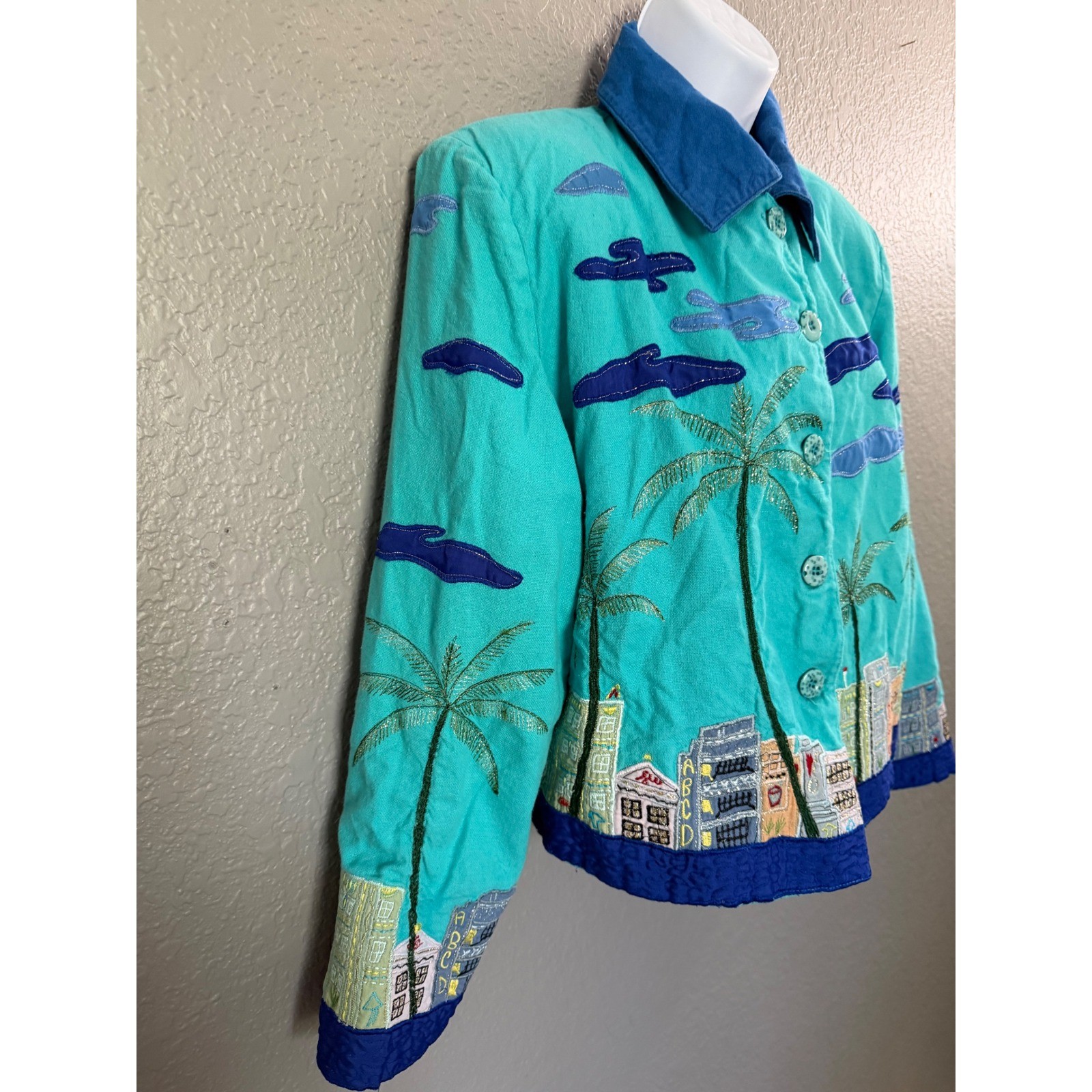 VTG Anage Jacket S Teal Palm Tree Cityscape Applique Travel Novelty Art To Wear
