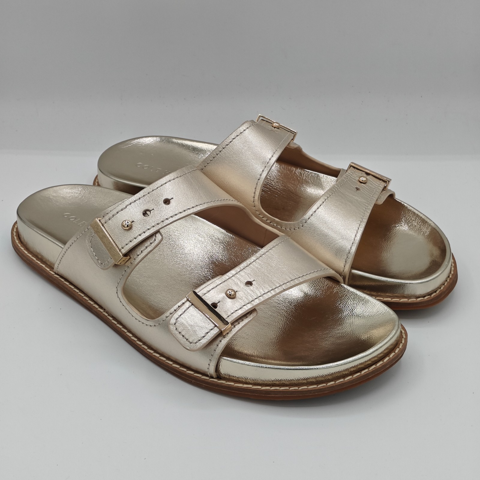 Cole Haan “Marisol” Women’s Leather Adjustable Double Banded Sandals – Soft Gold