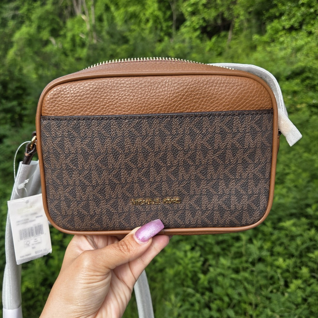 Michael Kors Jet Set Small Brown Logo Camera Crossbody Zip Detachable Strap Gold