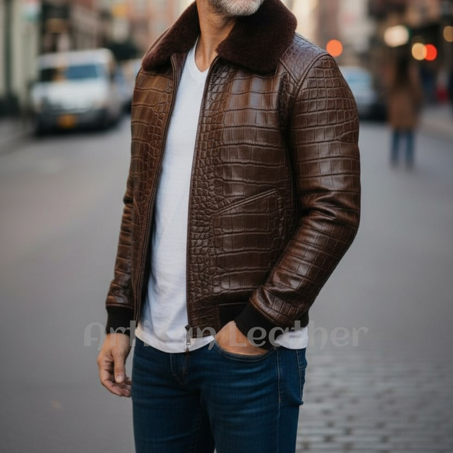 Luxury Crocodile Embossed Leather Jacket Men’s Fur Lined Winter Coat Bomber