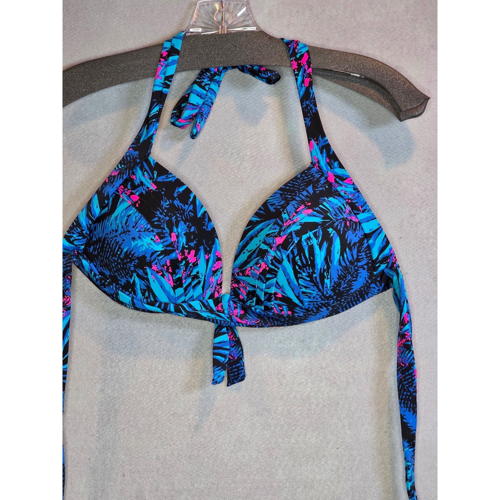 Tropical Neon Blue Pink Palm Print Halter Bikini Top XL Swimwear Summer Beach