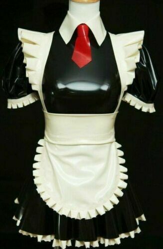 100%Rubber Dress Latex Clubwear Cosplay Maid Black Dress White Lace Apron 0.4mm