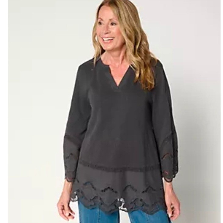 LOGO Lavish Lori Goldstein Gray Cotton Lace Eyelet Tunic Top Women’s Size 1X