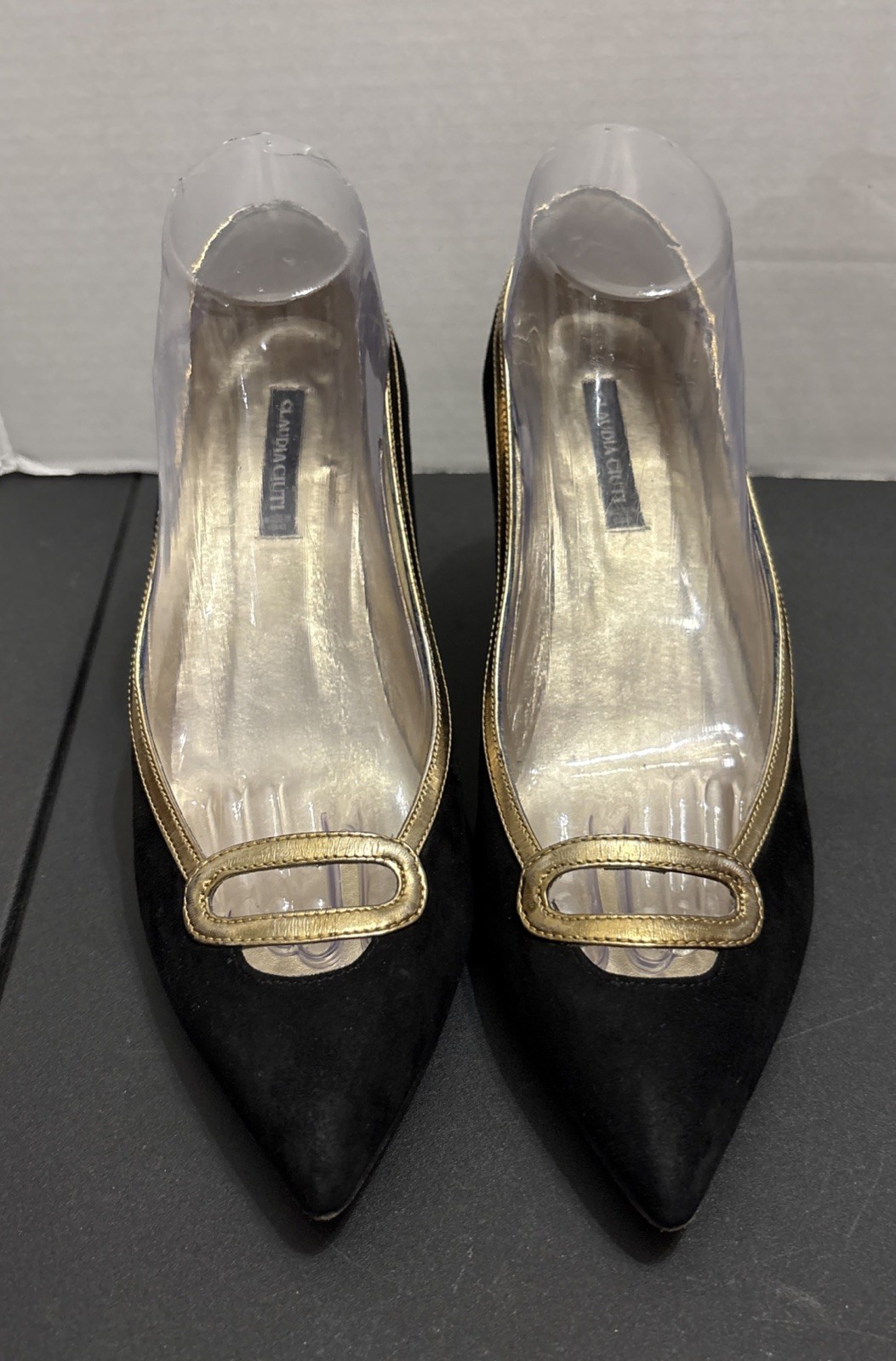 CLAUDIA CIUTI Black Suede & Gold Pointed Toe Heels Pumps Size 9.5 M